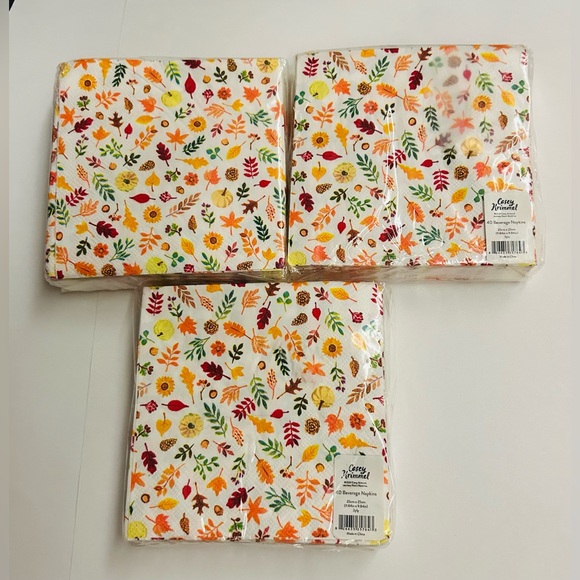 New 3 Packages of Casey Krimmel 40 Paper Beverage Napkins Fall Leaves - Picture 7 of 11